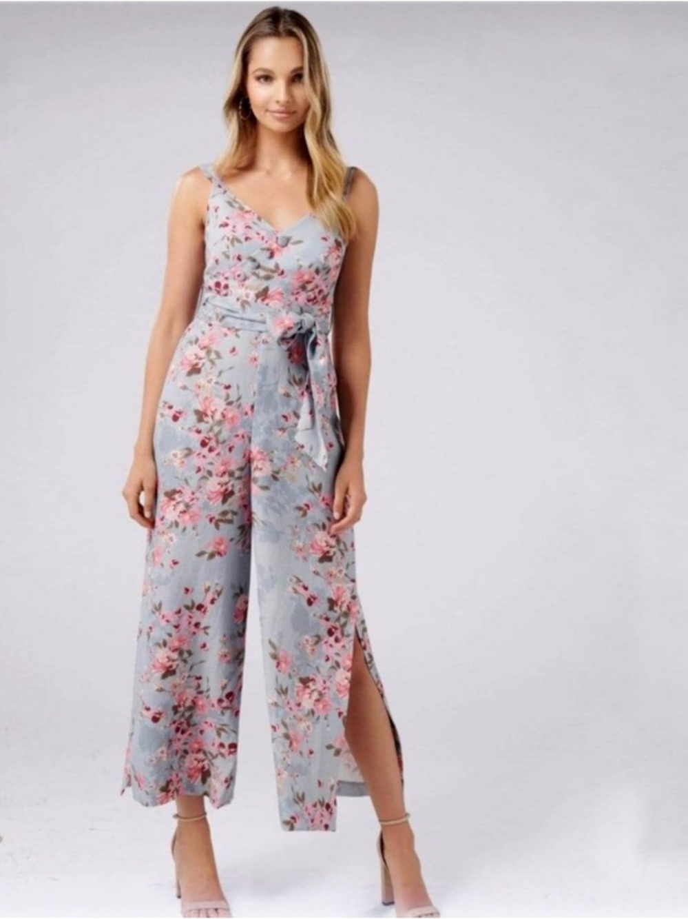 Ever New NWT Melbourne Linen Jumpsuit Floral Print Wrap Waist Tie Leg Slit Blue